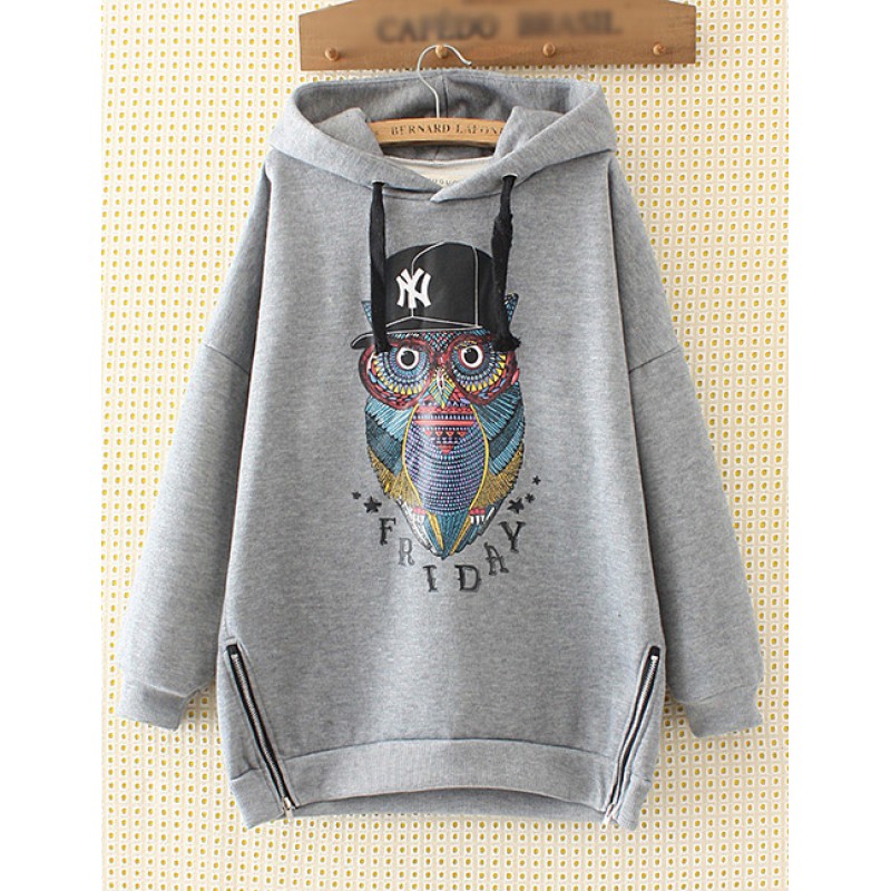 Fashion Gray Owl Pattern Decorated Hoodie Fashion Gray Owl Pattern Decorated Hoodie