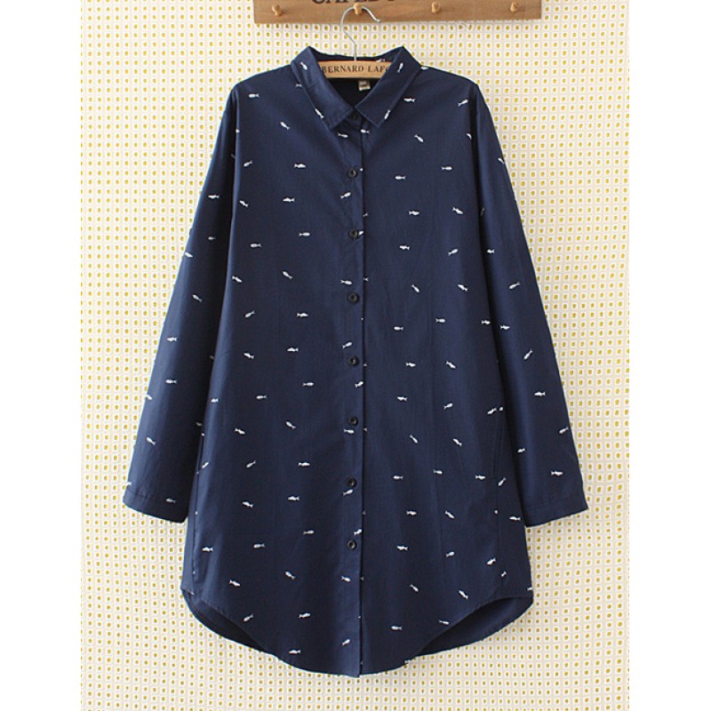 Elegant Navy Fish Shape Decorated Shirt Elegant Navy Fish Shape Decorated Shirt