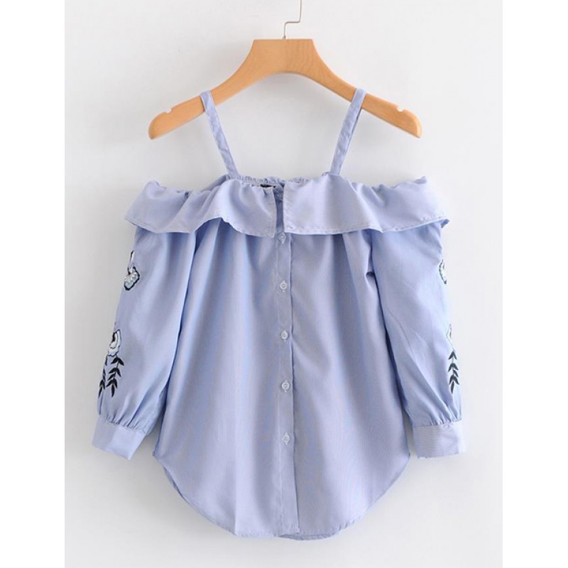 Fashion Blue Embroidered Flowers Decorated Blouse Fashion Blue Embroidered Flowers Decorated Blouse