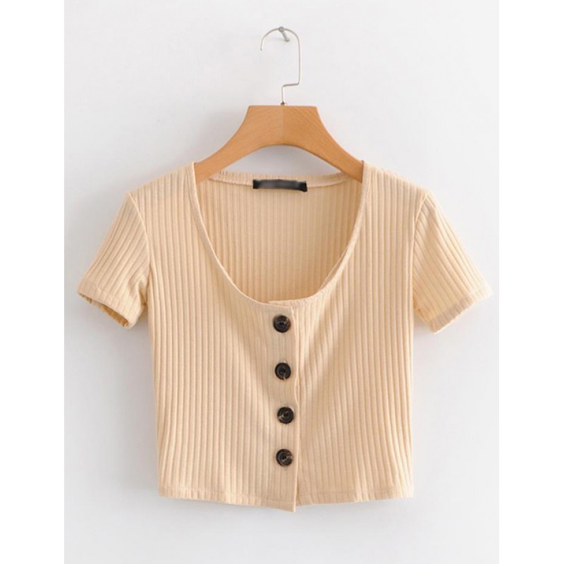 Fashion Beige Round Neckline Design Pure Color Blouse Fashion Beige Round Neckline Design Pure Color Blouse