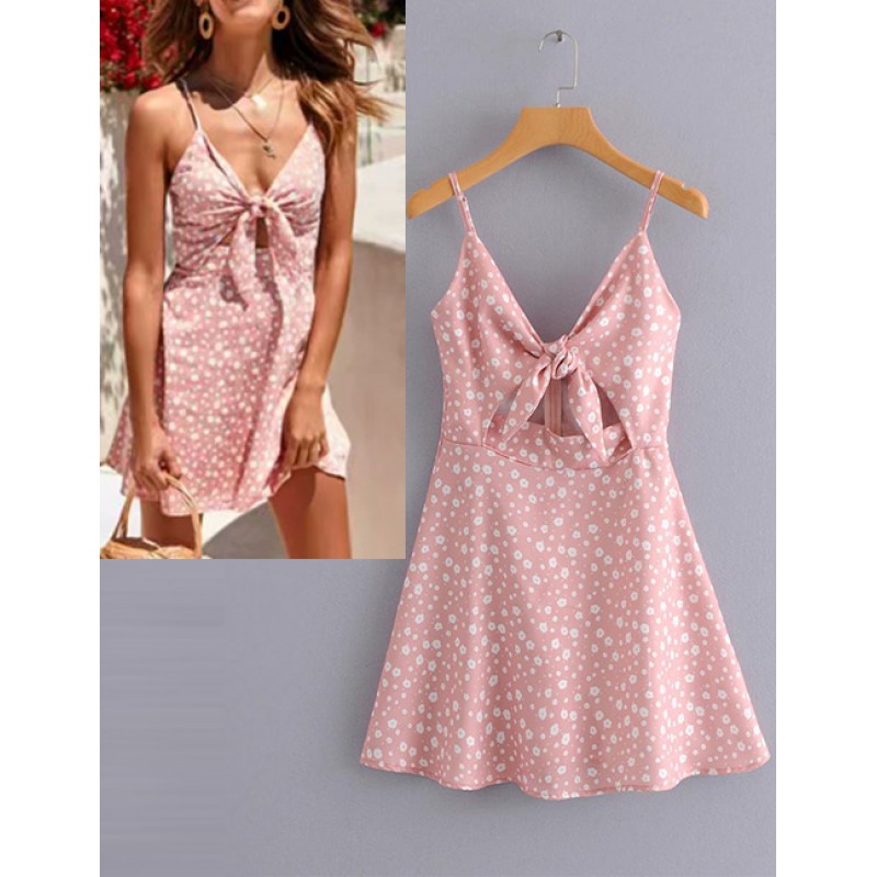 Fashion Pink Flowers Decorated Suspender Dress Fashion Pink Flowers Decorated Suspender Dress