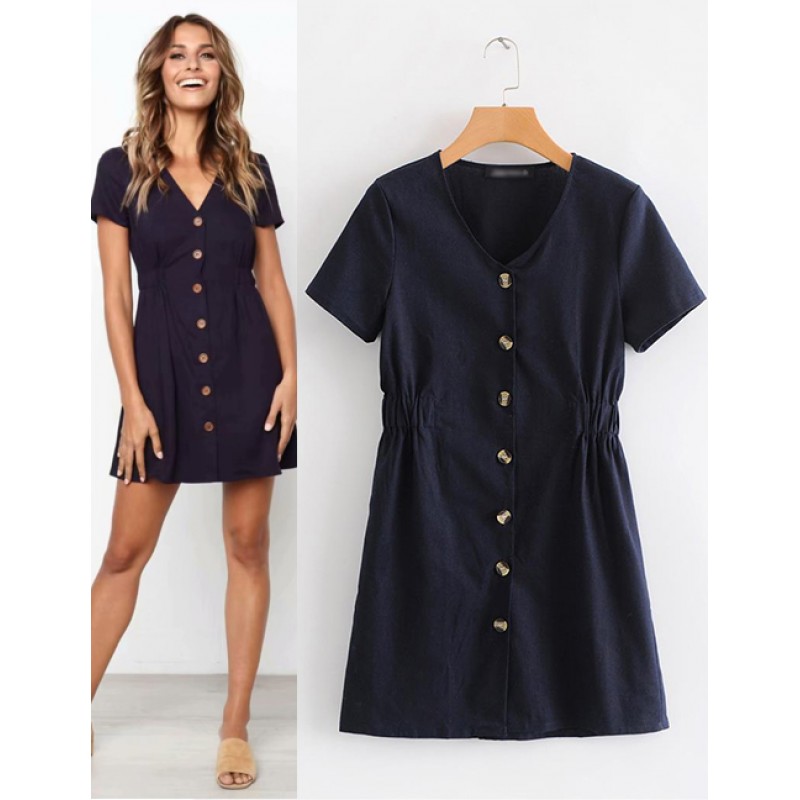 Fashion Navy Buttons Decorated Pure Color Dress Fashion Navy Buttons Decorated Pure Color Dress