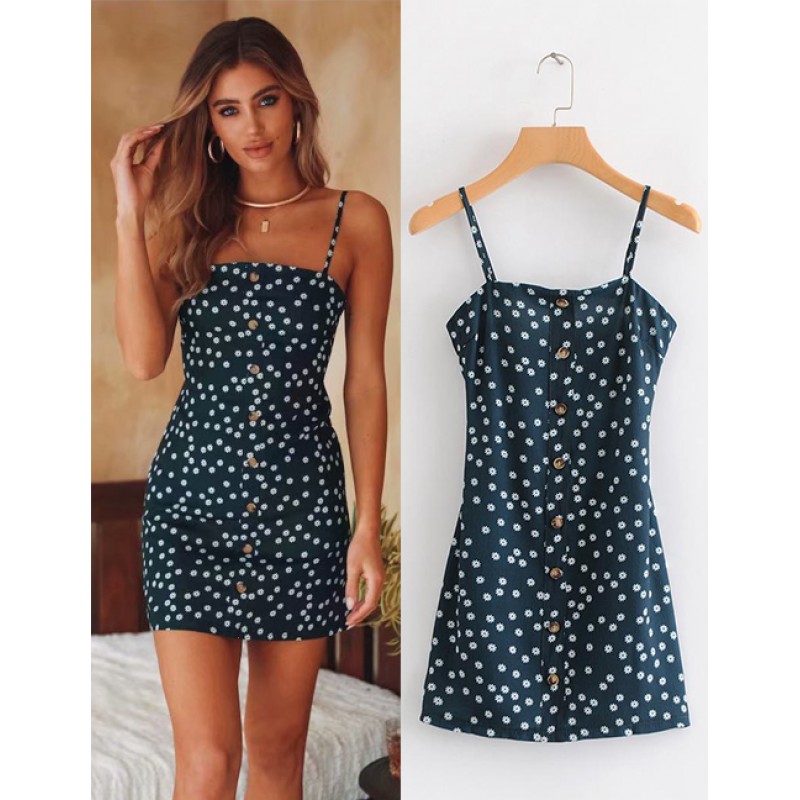 Fashion Navy Flowers Decorated Suspender Dress Fashion Navy Flowers Decorated Suspender Dress
