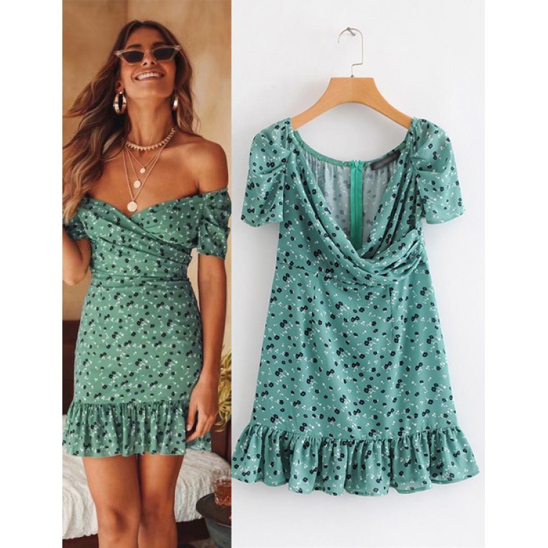 Fashion Green Flowers Decorated V Neckline Dress Fashion Green Flowers Decorated V Neckline Dress
