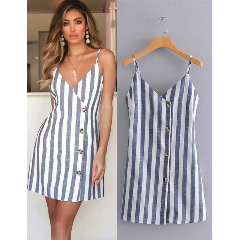Fashion Blue Stripe Pattern Decorated Suspender Dress Fashion Blue Stripe Pattern Decorated Suspender Dress