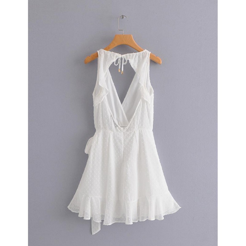 Fashion White V Neckline Design Pure Color Dress Fashion White V Neckline Design Pure Color Dress