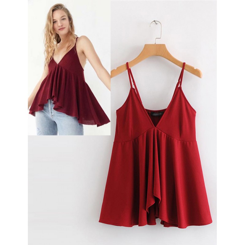Fashion Claret Red Pure Color Design V Neckline Blouse Fashion Claret Red Pure Color Design V Neckline Blouse