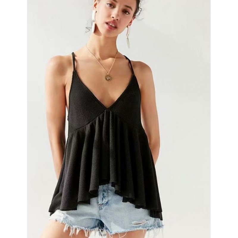 Fashion Black Pure Color Design V Neckline Blouse Fashion Black Pure Color Design V Neckline Blouse