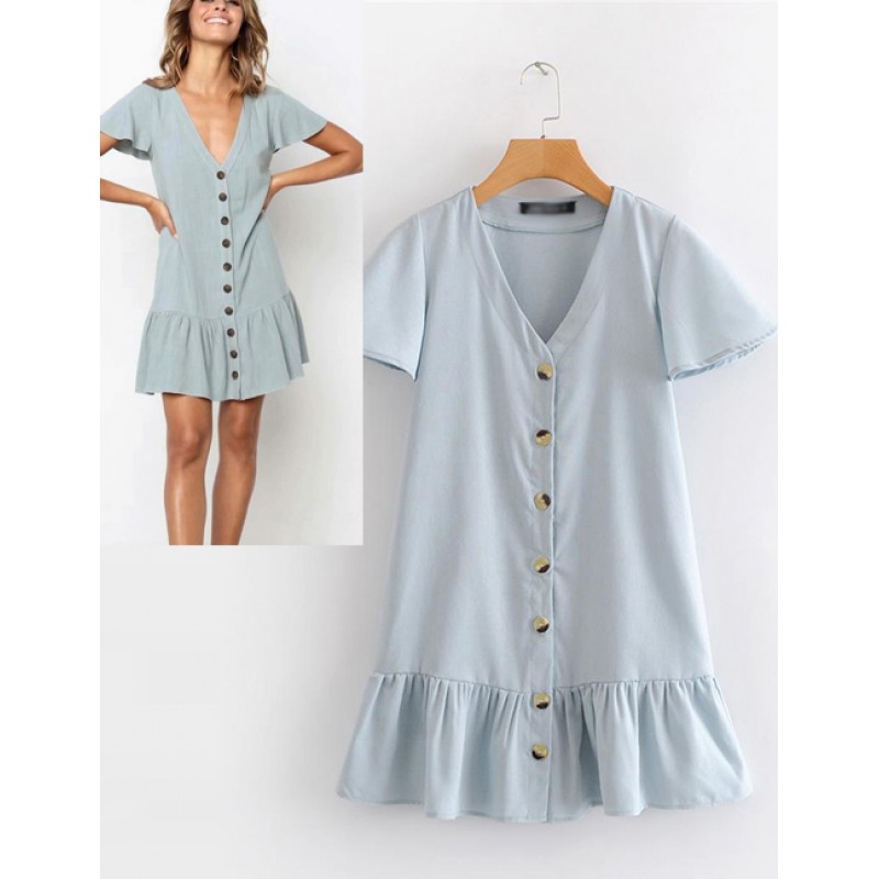Fashion Blue Pure Color Design V Neckline Dress Fashion Blue Pure Color Design V Neckline Dress
