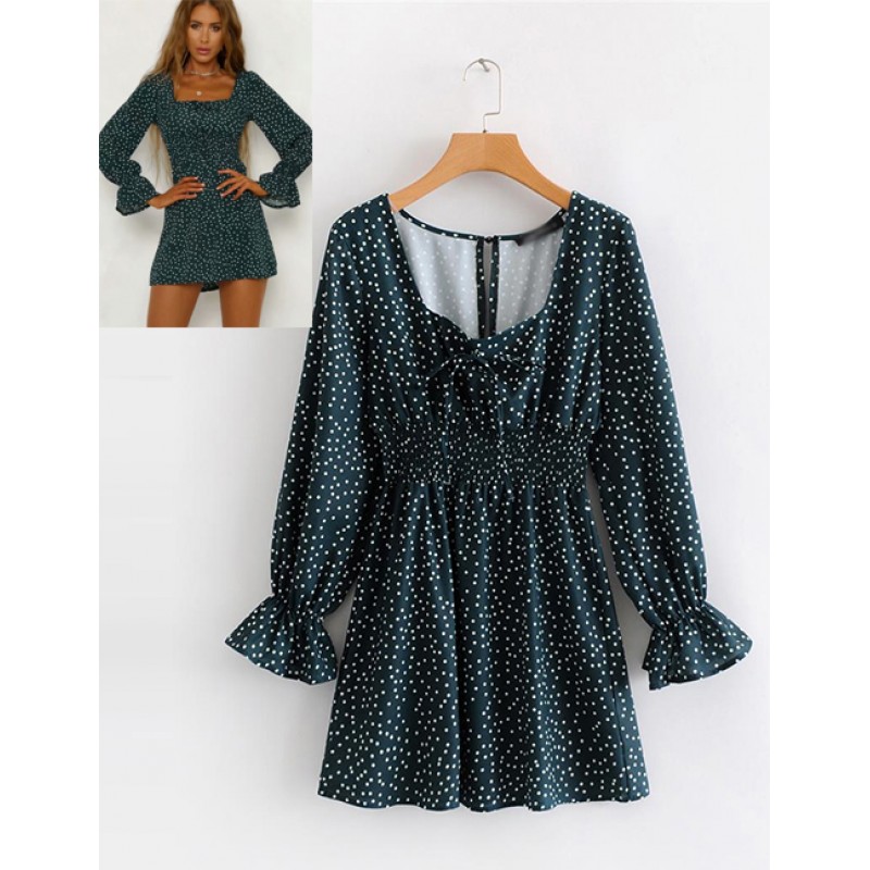 Fashion Green Dots Pattern Decorated Simple Dress Fashion Green Dots Pattern Decorated Simple Dress