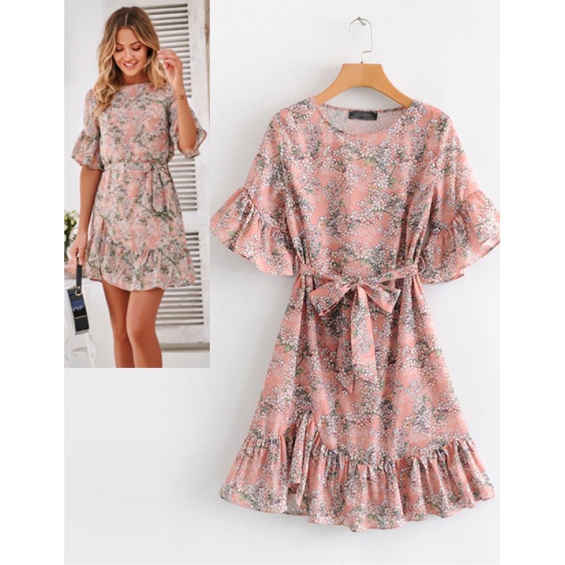 Fashion Pink Flowers Pattern Decorated Dress Fashion Pink Flowers Pattern Decorated Dress
