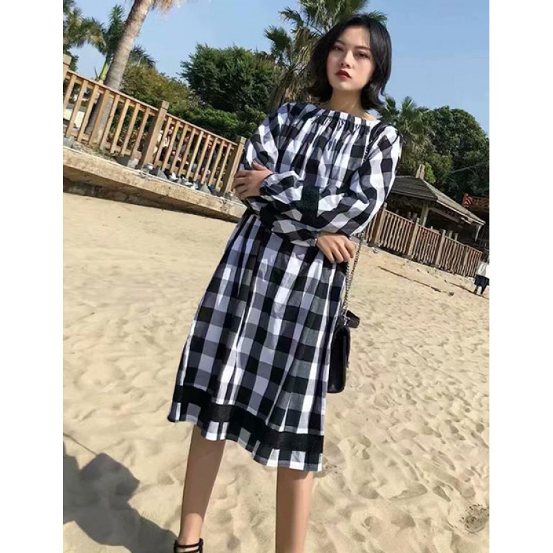 Fashion Black Grid Pattern Decorated Long Sleeves Dress Fashion Black Grid Pattern Decorated Long Sleeves Dress