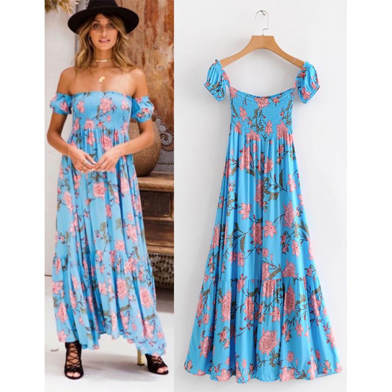 Fashion Blue Flowers Decorated Short Sleeves Dress Fashion Blue Flowers Decorated Short Sleeves Dress