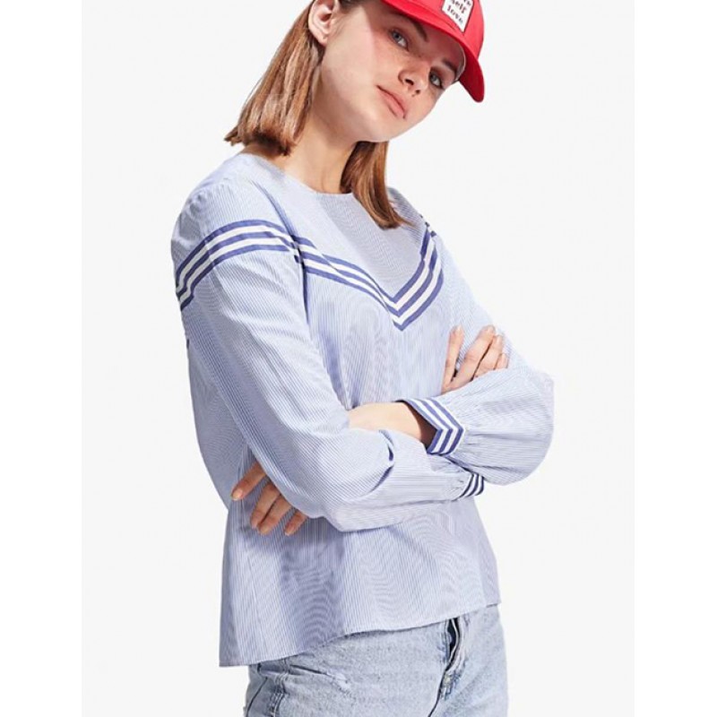 Fashion Blue Stripe Pattern Decorated Blouse Fashion Blue Stripe Pattern Decorated Blouse