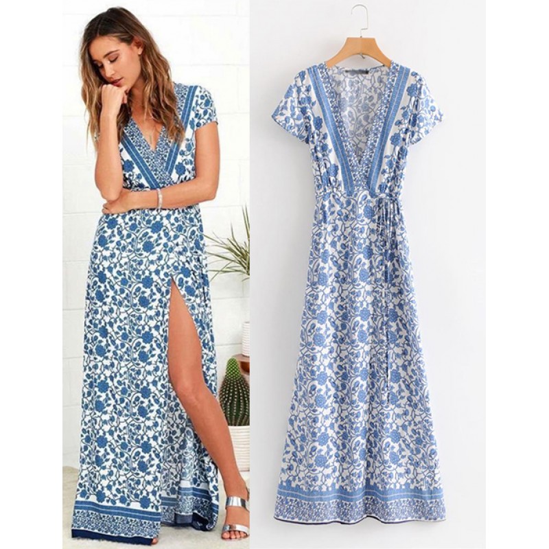 Fashion Blue Flowers Decorated V Neckline Dress Fashion Blue Flowers Decorated V Neckline Dress