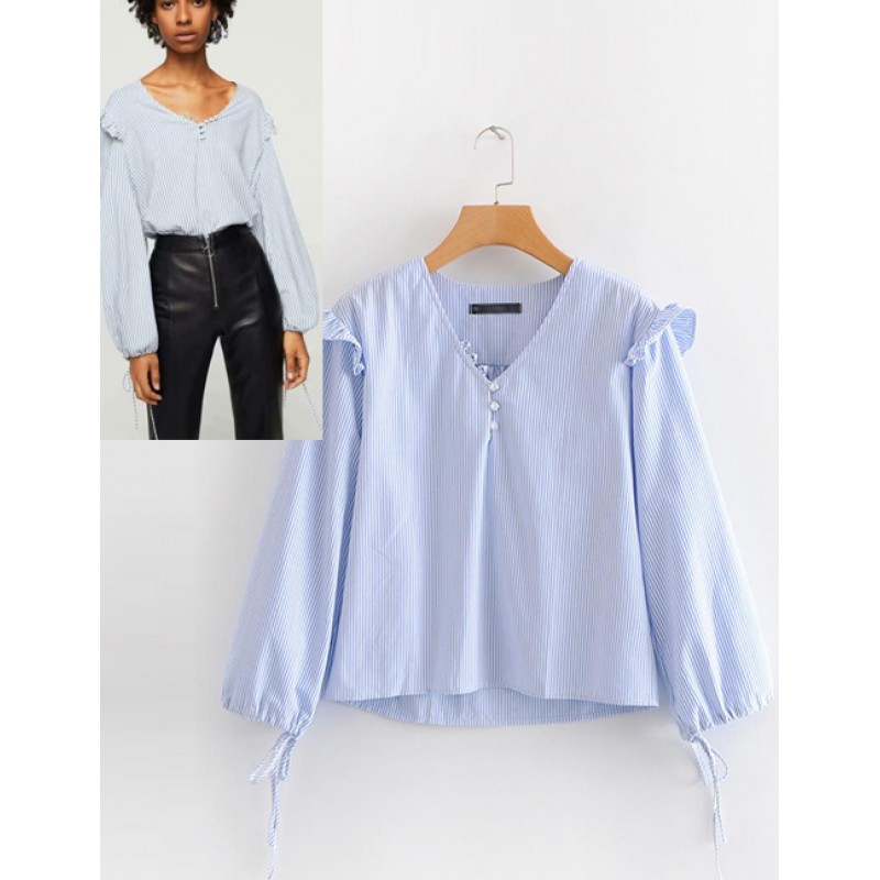 Fashion Blue Stripe Pattern Design V Neckline Shirt Fashion Blue Stripe Pattern Design V Neckline Shirt
