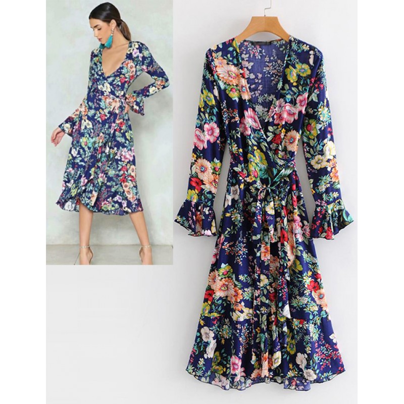 Fashion Blue V Neckline Design Flower Pattern Dress Fashion Blue V Neckline Design Flower Pattern Dress