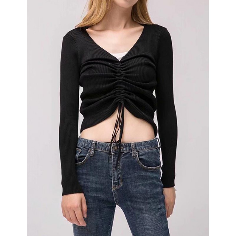 Fashion Black V Neckline Design Pure Color Sweater Fashion Black V Neckline Design Pure Color Sweater