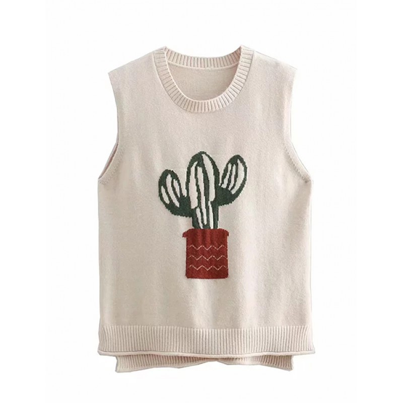 Fashion Beige Cactus Shape Decorated Vest Fashion Beige Cactus Shape Decorated Vest