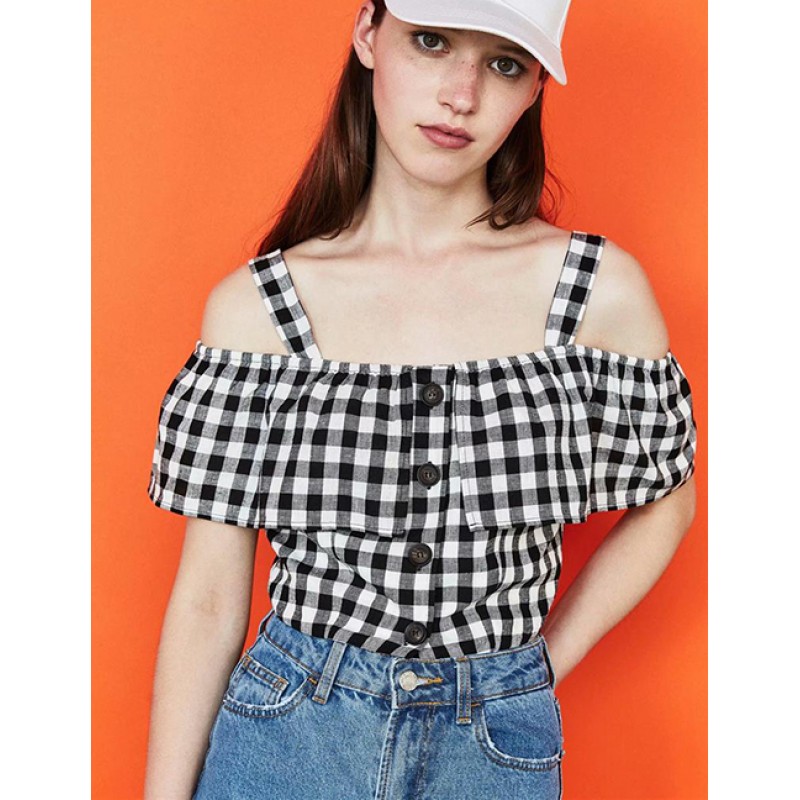 Fashion Black Grid Pattern Decorated Suspender Shirt Fashion Black Grid Pattern Decorated Suspender Shirt