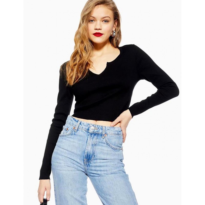 Fashion Black Pure Color Design Knitting Blouse Fashion Black Pure Color Design Knitting Blouse