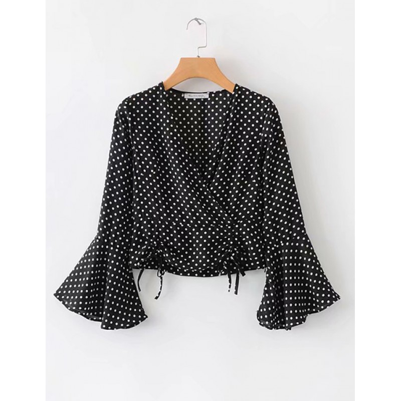 Fashion Black Dots Pattern Design V Neckline Blouse Fashion Black Dots Pattern Design V Neckline Blouse