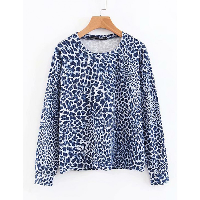 Fashion Blue Leopard Pattern Decorated Simple Sweater Fashion Blue Leopard Pattern Decorated Simple Sweater
