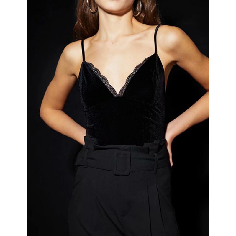 Fashion Black Lace Decorated V Neckline Blouse Fashion Black Lace Decorated V Neckline Blouse