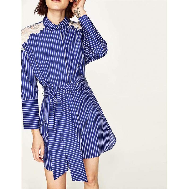 Fashion Blue Lace Decorated Stripe Pattern Shirt Fashion Blue Lace Decorated Stripe Pattern Shirt