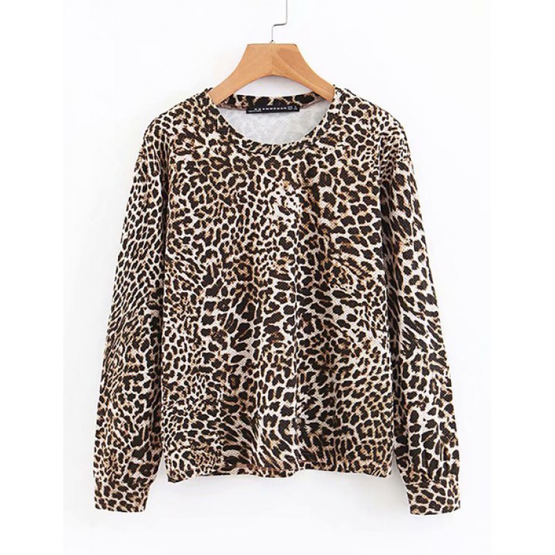 Fashion Brown Leopard Pattern Decorated Simple Sweater Fashion Brown Leopard Pattern Decorated Simple Sweater